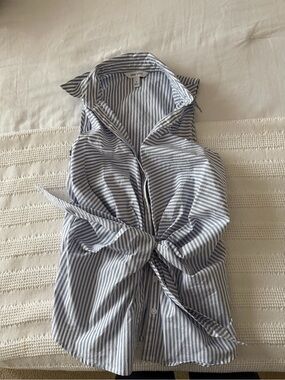 Nine West Blue & White Striped Tie-Front Shirt Dress